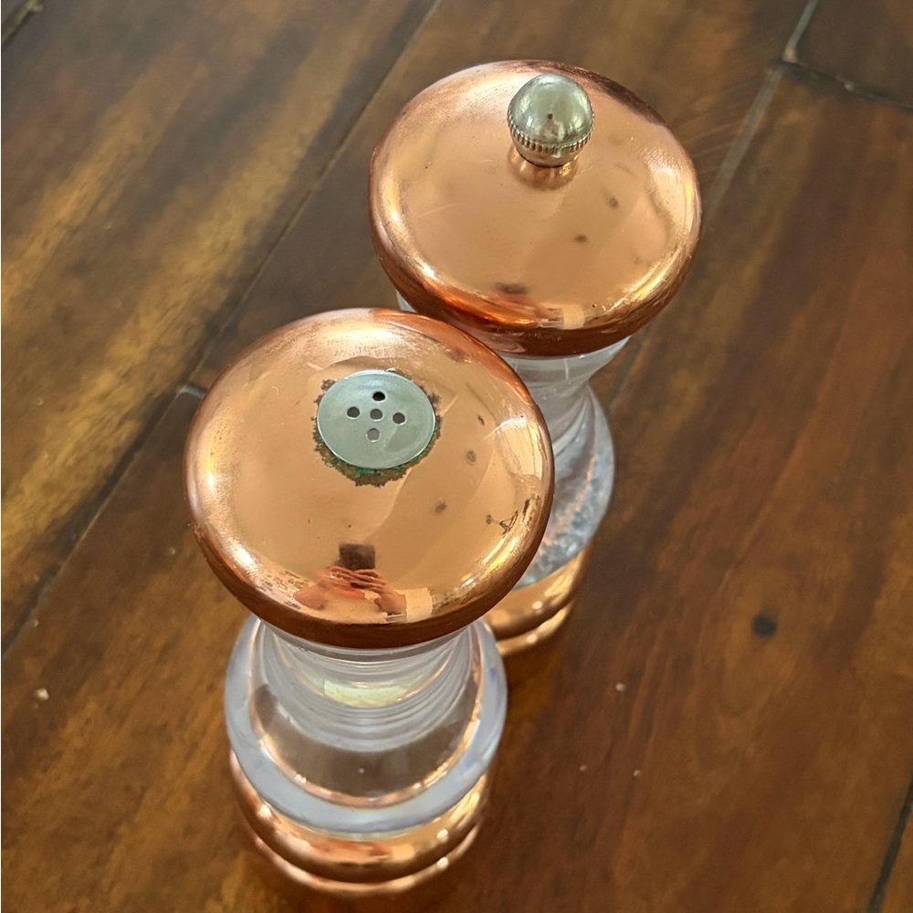 Crate&Barrel Copper and Clear Glass Salt and Pepper Shakers
